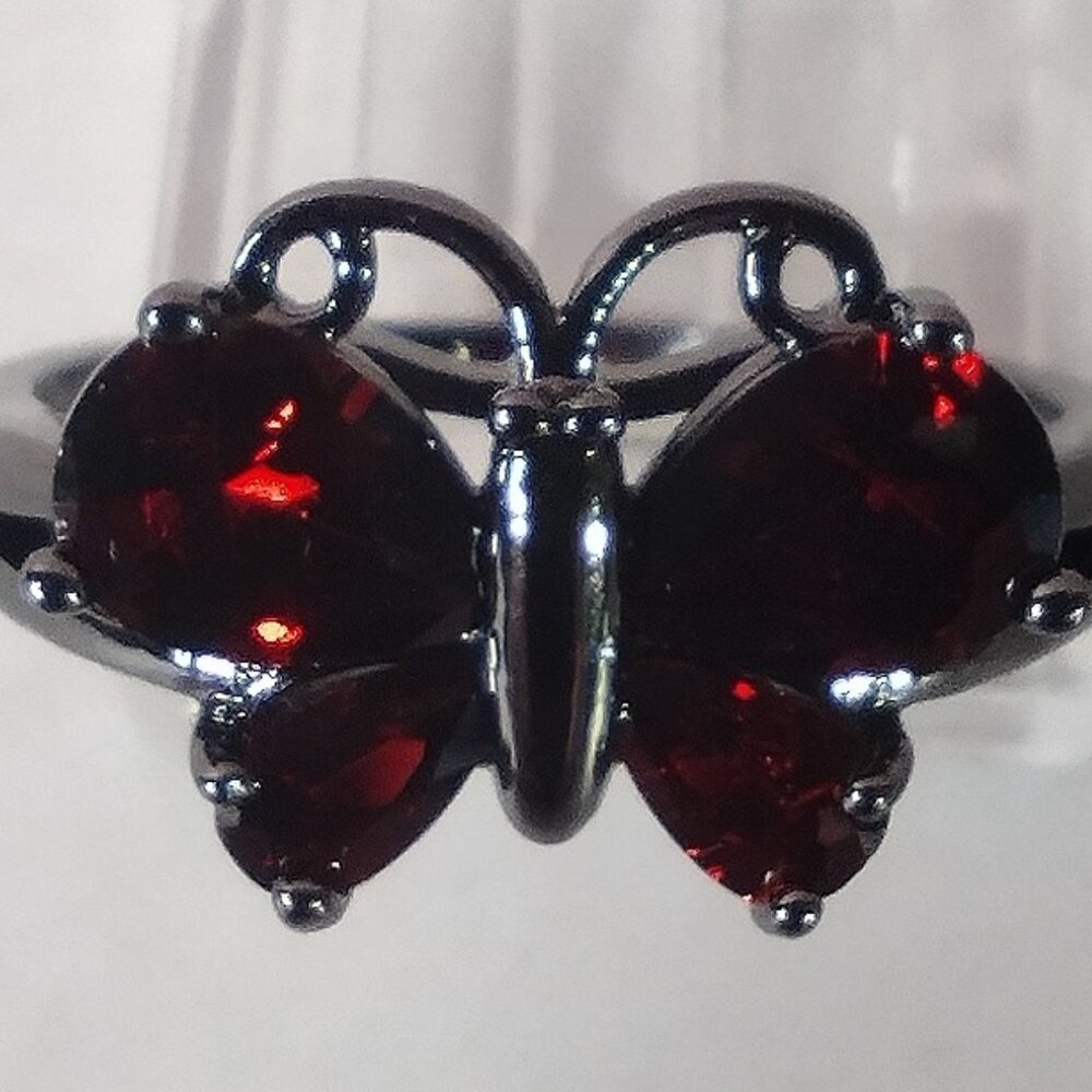 Red Faux Garnet Butterfly Black Stainless Steel Size 9